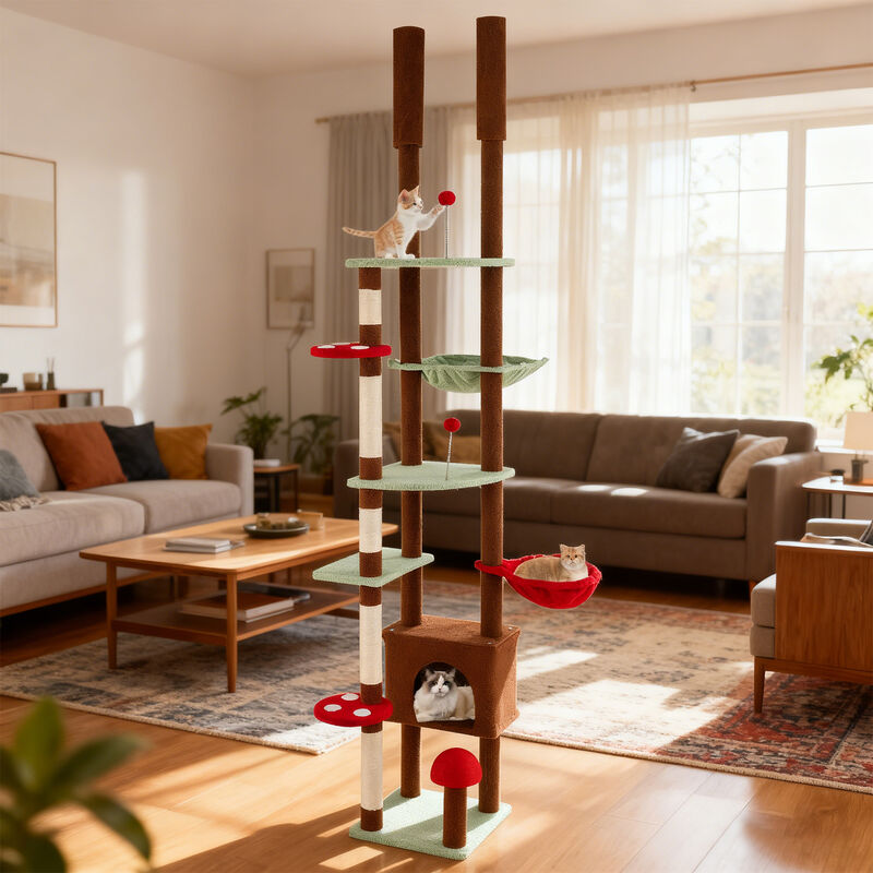 Mushroom Themed Floor to Ceiling Cat Tree with Adjustable Height, Condo, and Hammock-Brown image number 1