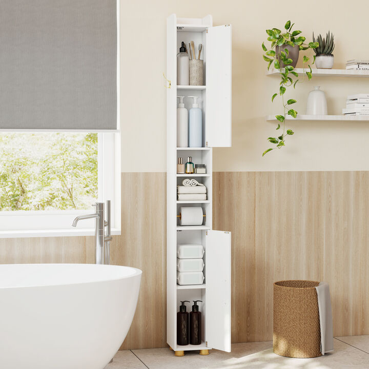 Freestanding Narrow Bathroom Cabinet with Open Shelves and Toilet Paper Holder