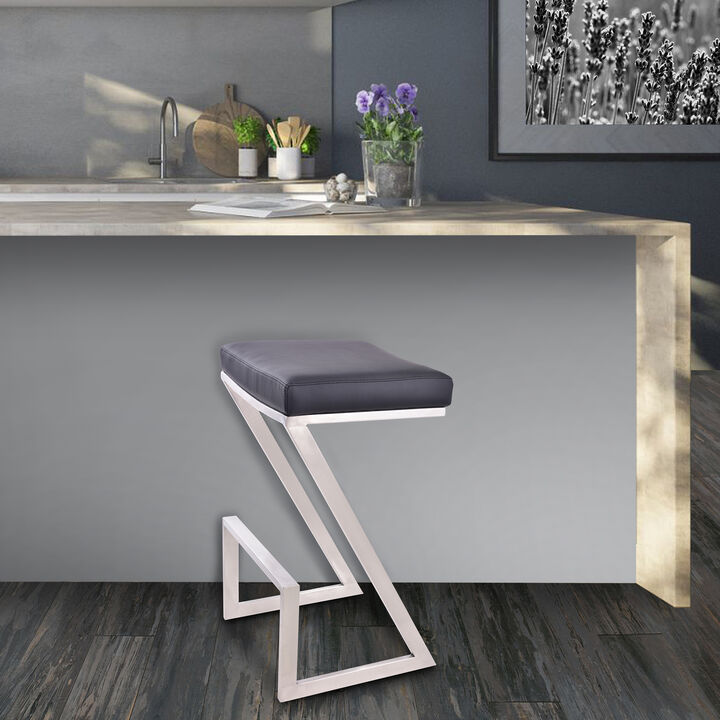 Atlantis  Counter Height Backless Black Faux Leather and Brushed Stainless Steel Bar Stool