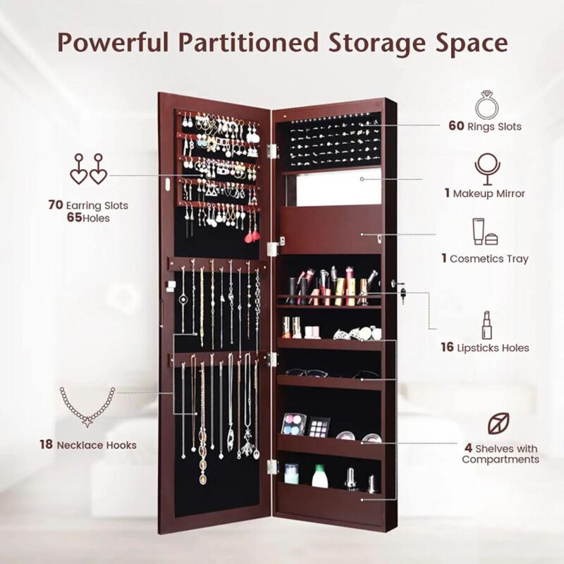 Hivvago Lockable Wall Door Mounted Mirror Jewelry Cabinet with LED Lights