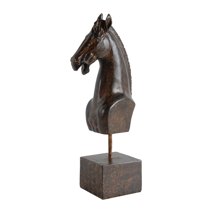 Don 11 Inch Horse Bust Statuette, Tabletop Accent Decor, Brown Resin, Metal - Benzara