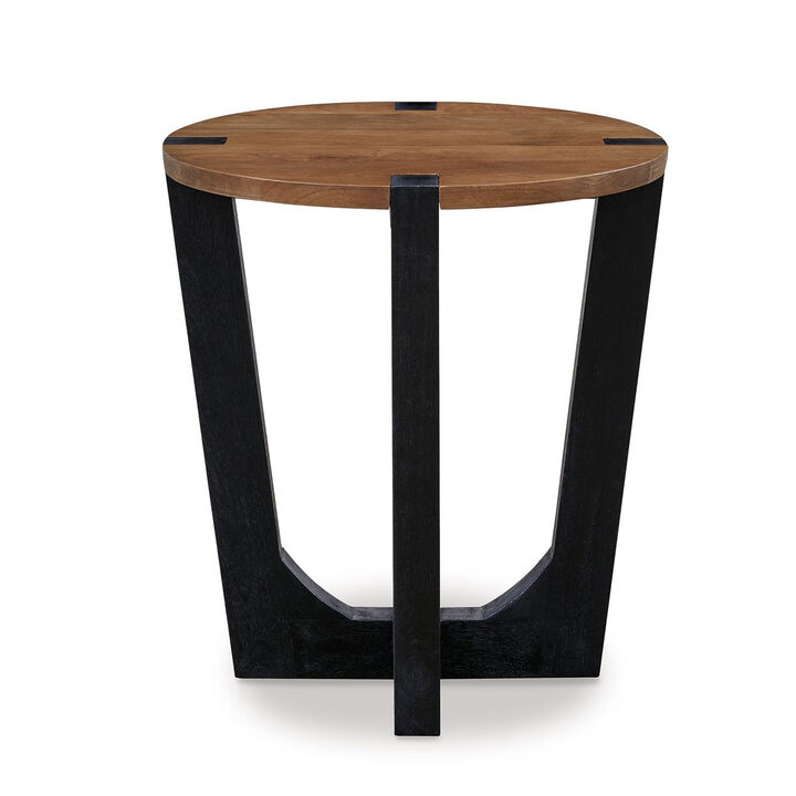 Leyi Round Side End Table, Black Angled Legs, 22 Inch Brown Mango Wood
