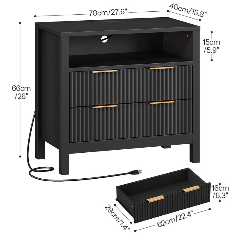 Modern Wooden Nightstand with LED Lights, Charging Station and Storage Space image number 2