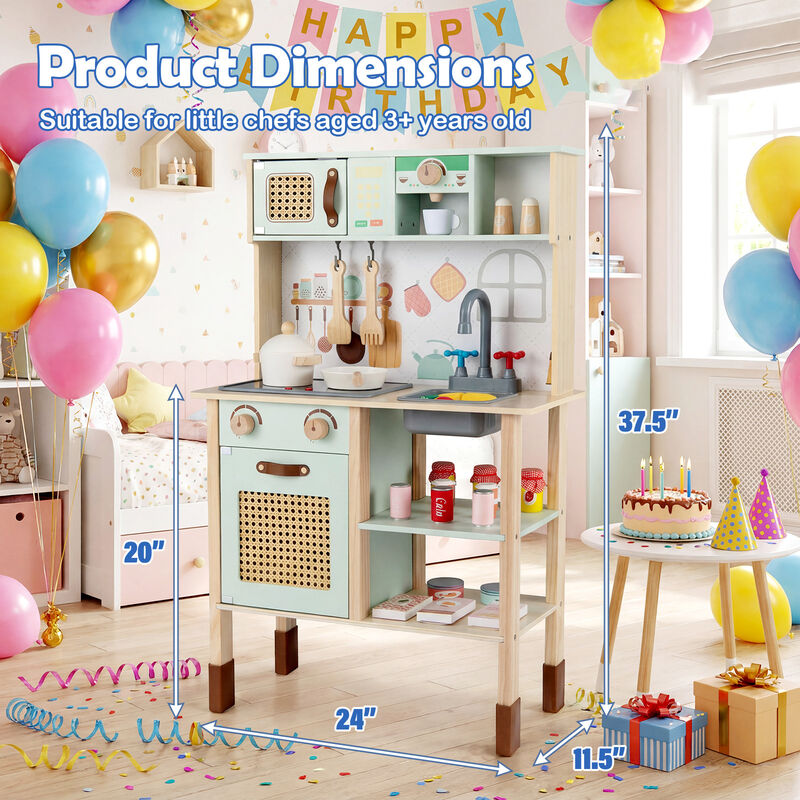 Kids Wooden Retro Play Kitchen Set with Lights Sounds and Accessories-Green image number 2
