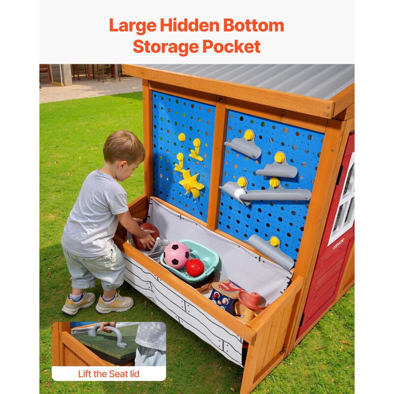 Outdoor Kids Playhouse with Doorbell, Storage Pocket and Gravity Wall Set-Brown image number 4