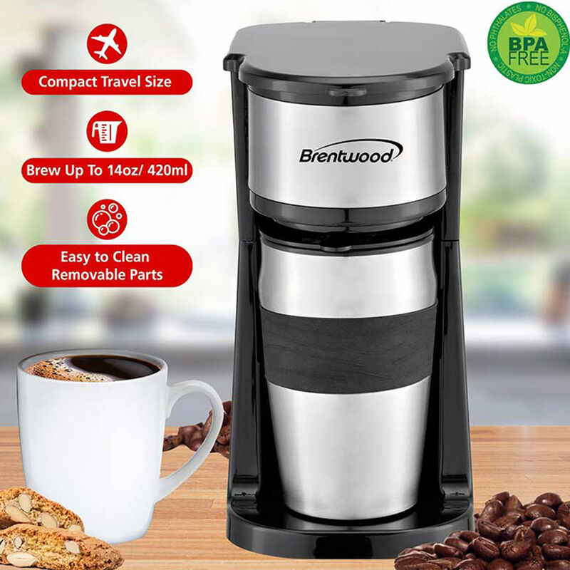 Brentwood Portable Single Serve Coffee Maker with 14oz Travel Mug in Black image number 2