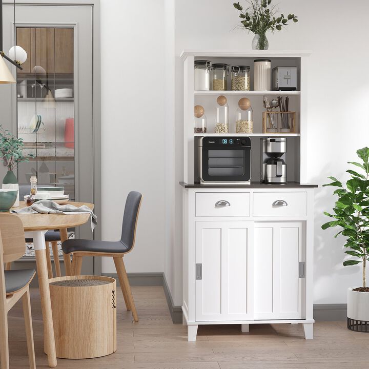 White Kitchen Storage: Cupboard Hutch with Sliding Doors and Drawers