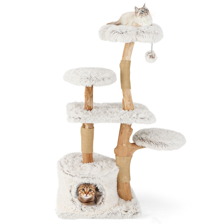 Tall Wooden Cat Tree with Branch Design and Jute Scratching Posts-White
