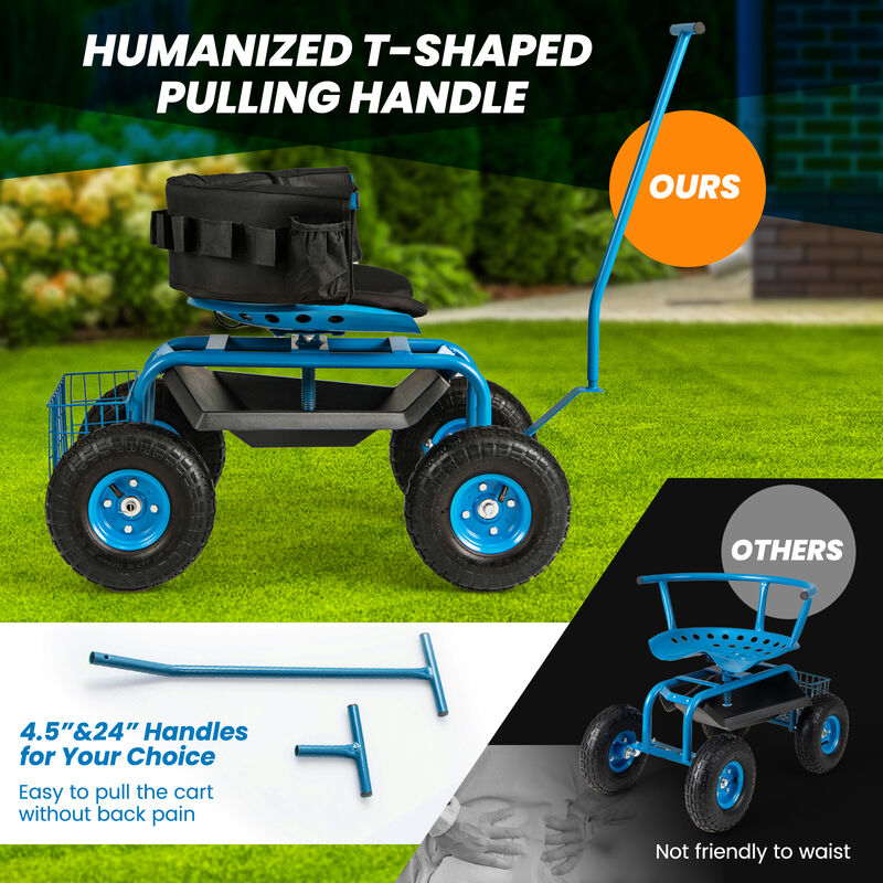 Portable Garden Seat Cart with Wheels, Swivel Function, and Tool Storage