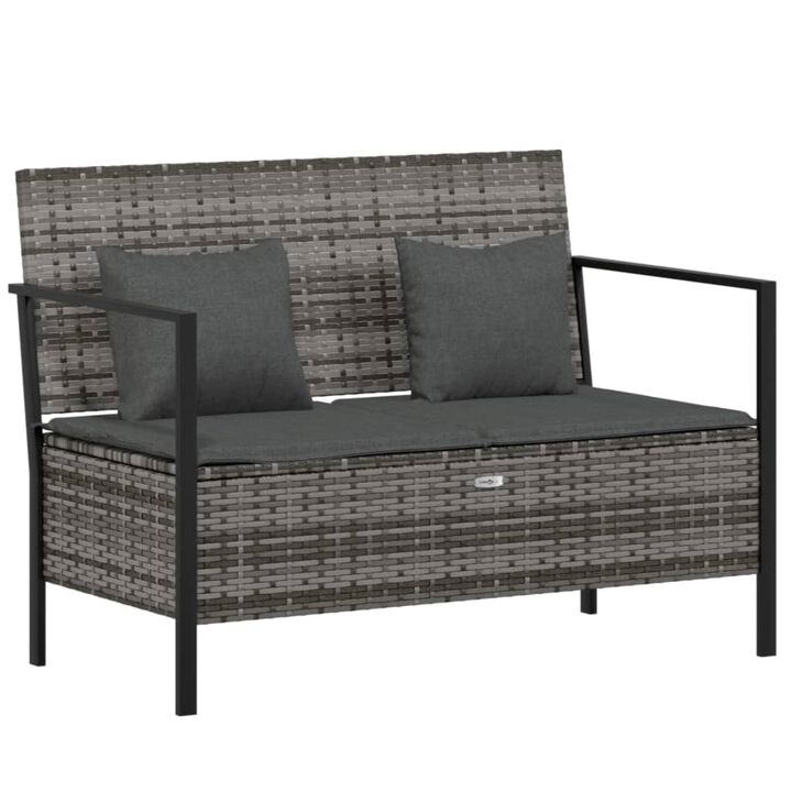 vidaXL Outdoor Patio Bench - 2 Seater Garden Furniture with Storage Compartment, Gray PE Rattan & Steel Frame, with Cushions