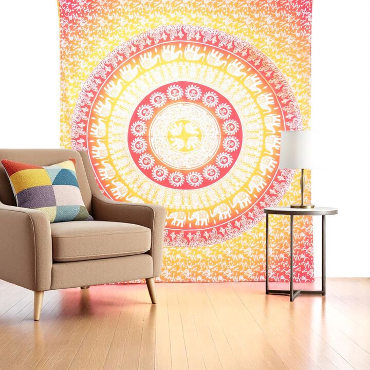 HomeRoots 92" X 84" Mustard Red And White Mandala Cotton Hanging Tapestry