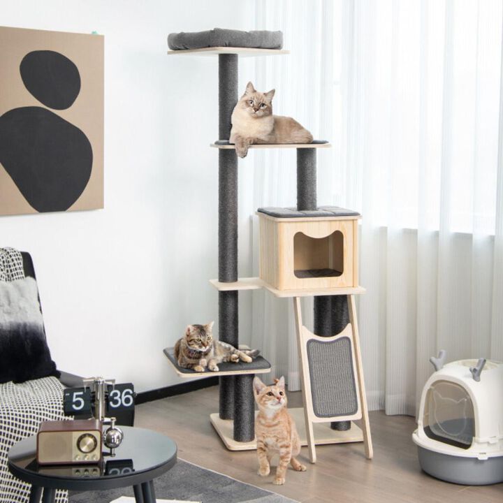 Hivvago 5-Tier Modern Wood Cat Tower with Washable Cushions