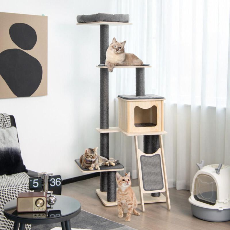 Hivvago 5-Tier Modern Wood Cat Tower with Washable Cushions