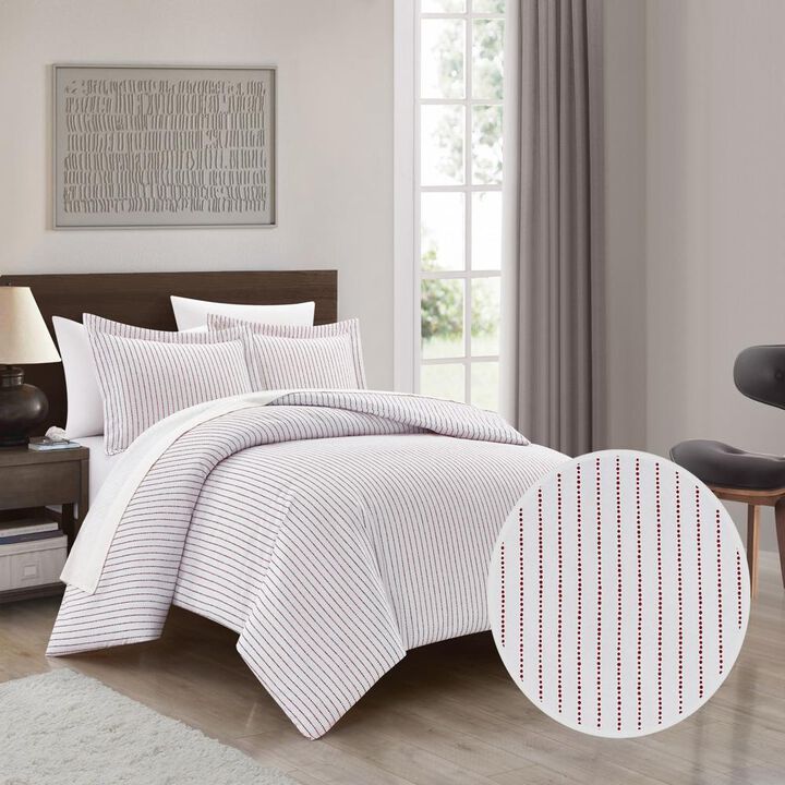 Chic Home Wesley Duvet Cover Set Contemporary Solid White With Dot Striped Pattern Print Design Bedding - Pillow Sham Included - 2 Piece - Twin 68x90", Wine Red
