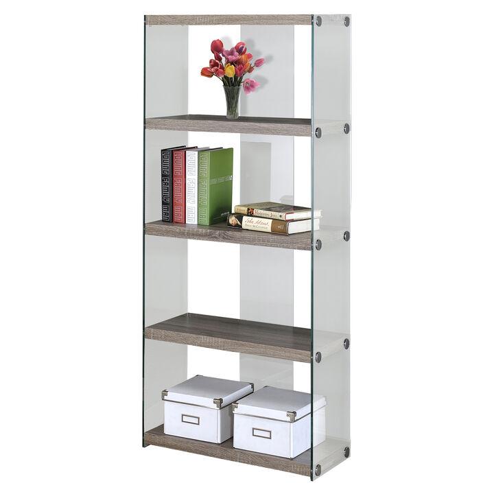 Monarch Specialties I 3060 Bookshelf, Bookcase, Etagere, 5 Tier, 60"H, Office, Bedroom, Tempered Glass, Laminate, Brown, Clear, Contemporary, Modern