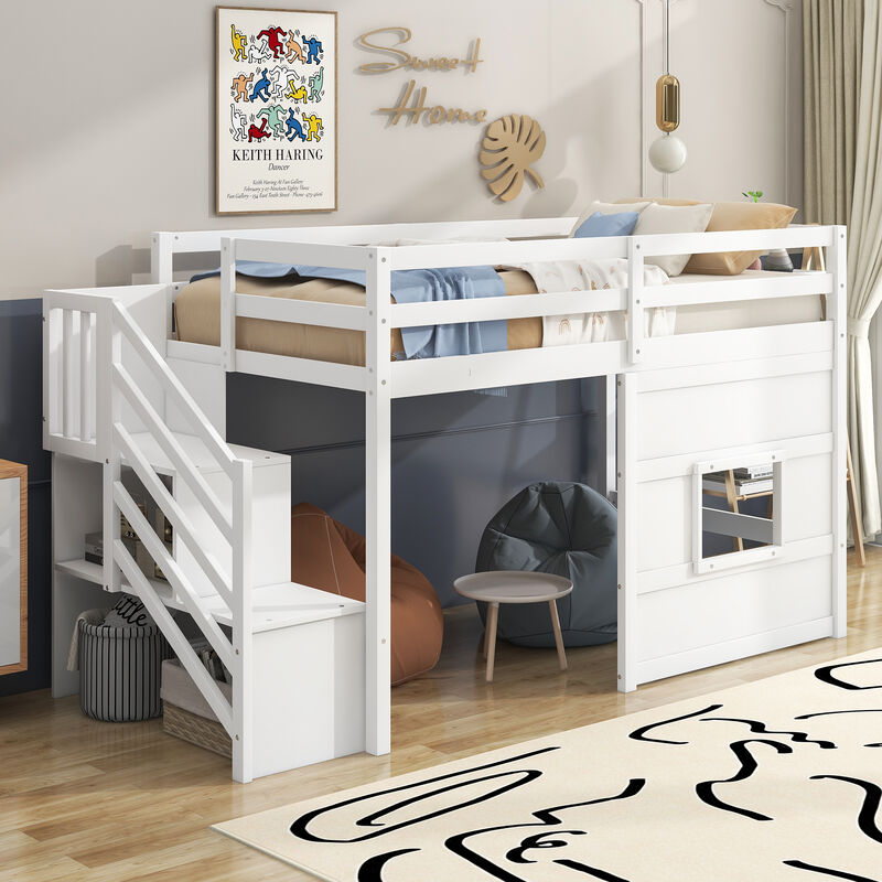 Whisen Wood Twin Size Loft Bed with Storage Staircase and Window - White