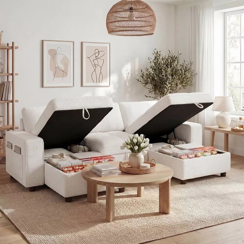 105" U-Shaped Sleeper Sofa Bed, Chenille Pull Out Couch with Reversible Storage Chaise, 5-Position image number 5