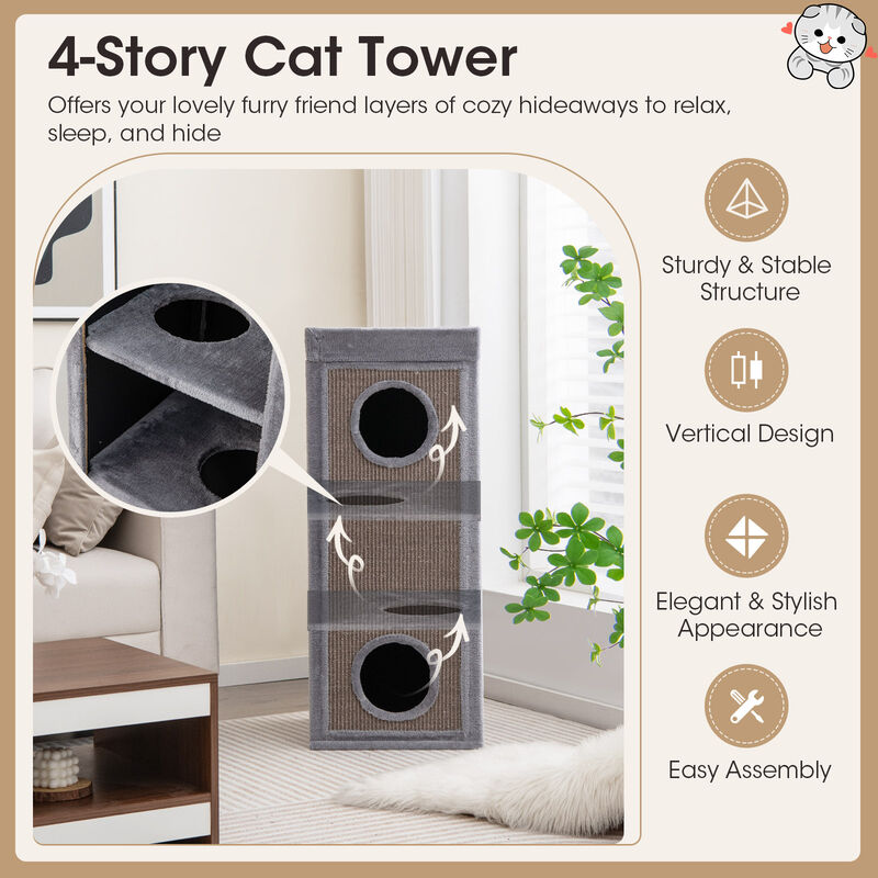 39" Tall Cat Condo with Scratching Posts and 3 Hideaways and 4 Soft Plush Cushions