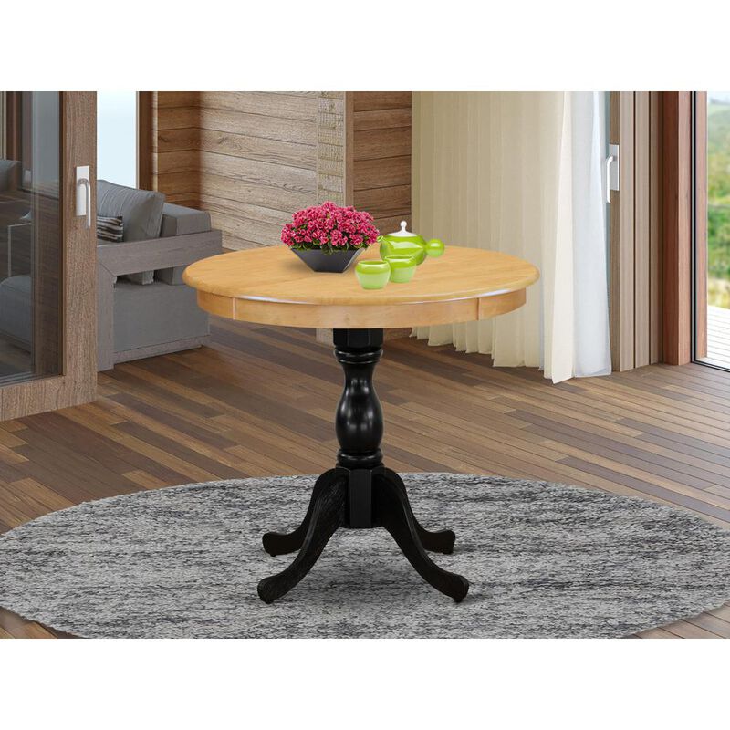 Round Dining Room Table for Small Space - Oak Top & Black Pedestal