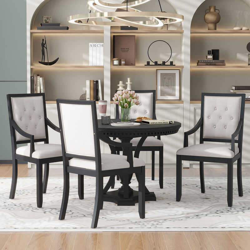 Whisen Retro 5-Piece Dining Table Set with Extendable Round Table and 4 Upholstered Chairs image number 1