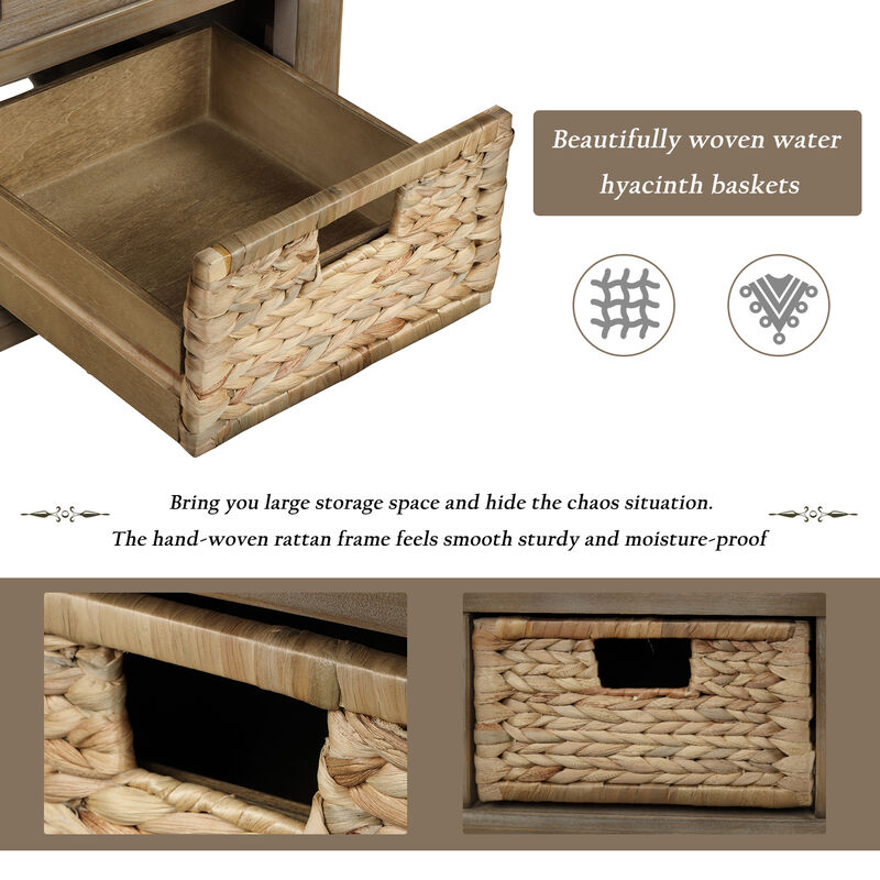 Rustic Storage Bench With 3 Drawers And 3 Rattan Baskets, Shoe Bench For Living Room