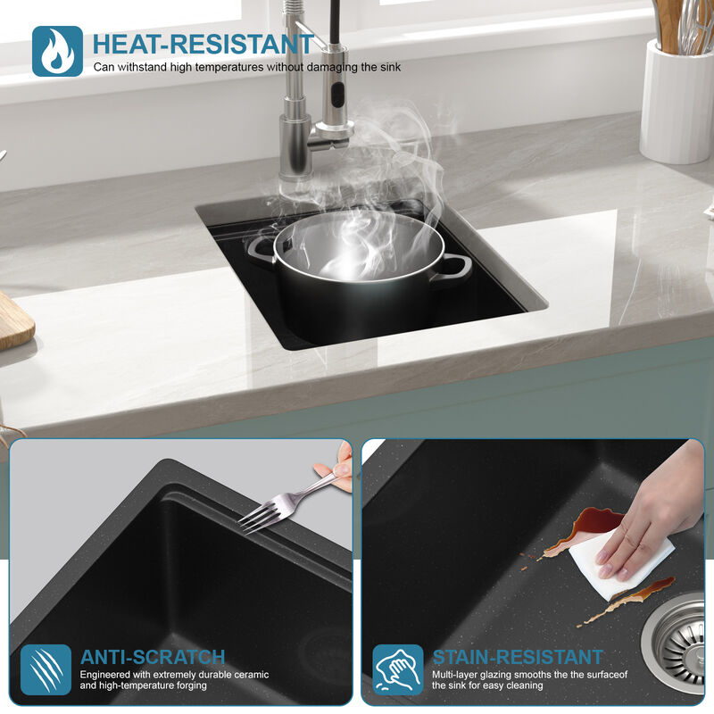 15 in. Undermount Single Bowl Workstation Black Quartz Composite Kitchen Sink Round Corner with Bottom Grid. image number 6