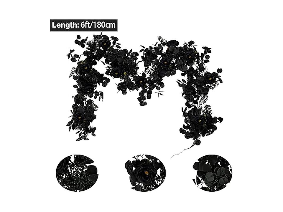 6 Ft Black Halloween Garland 10 Roses Berry Eucalyptus Artificial 10 Big Rose