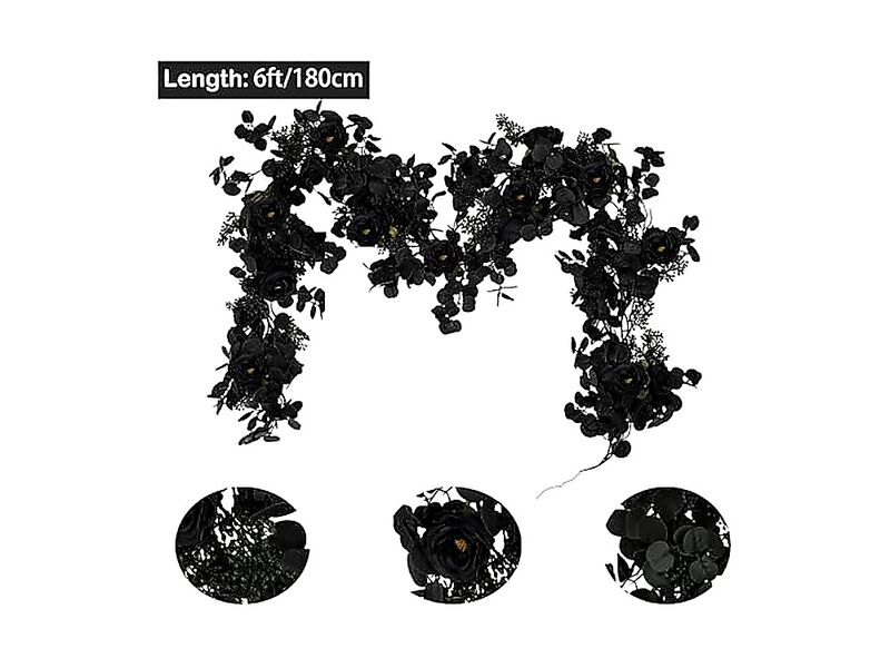 6 Ft Black Halloween Garland 10 Roses Berry Eucalyptus Artificial 10 Big Rose image number 1