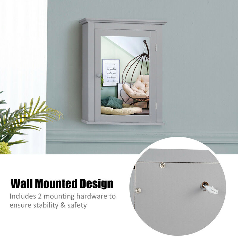 Costway Bathroom Mirror Cabinet Wall Mounted Adjustable Shelf Medicine Grey