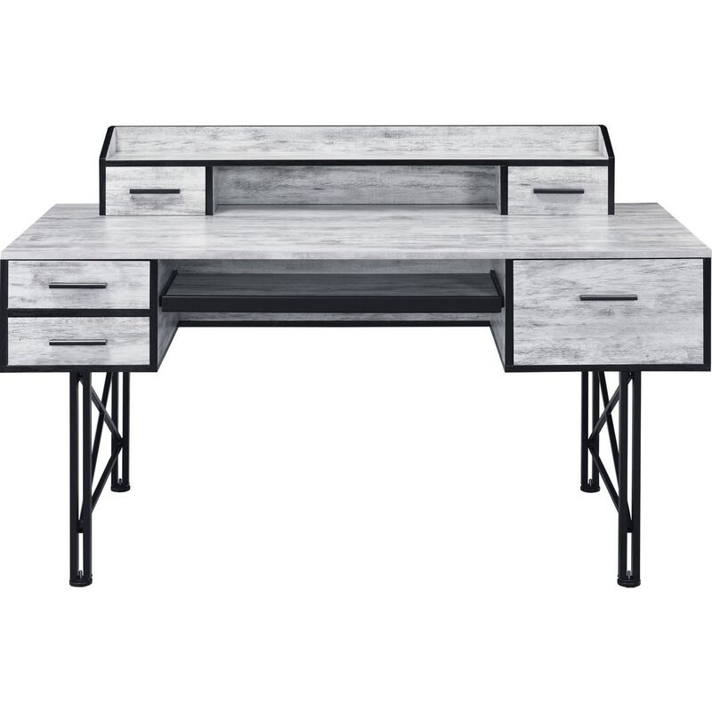 Computer Desk with 5 Drawers and Grains, Antique White and Black
