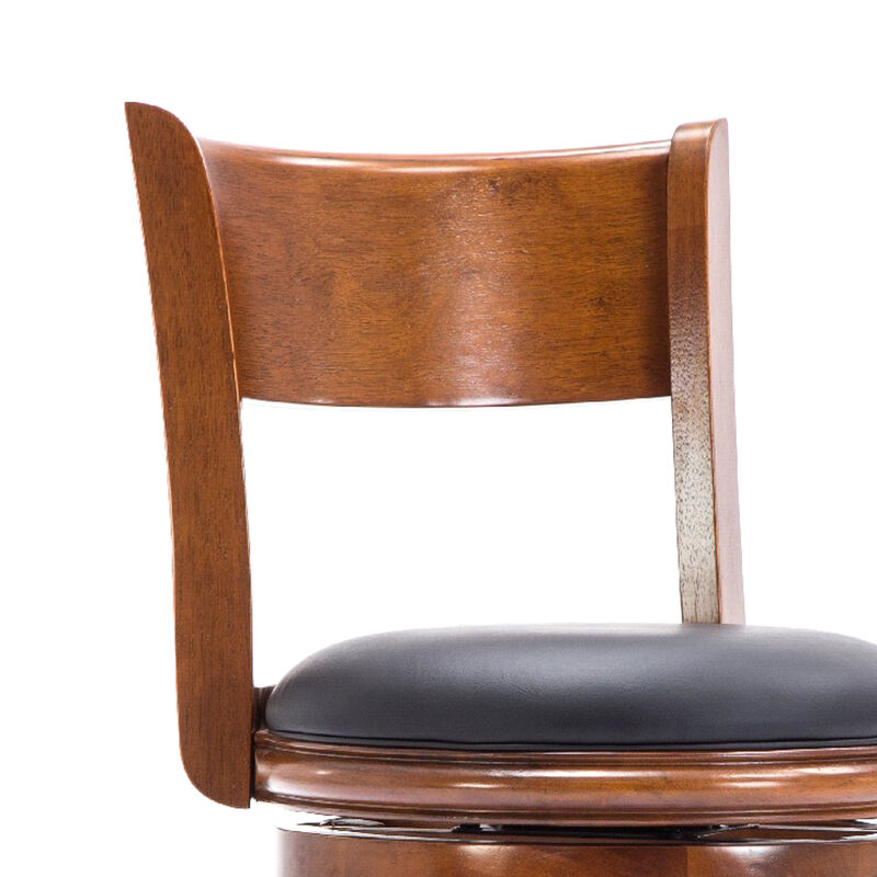 Pal 29 Inch Swivel Bar Stool, Solid Wood, Bonded Leather, Walnut Brown - Benzara image number 1