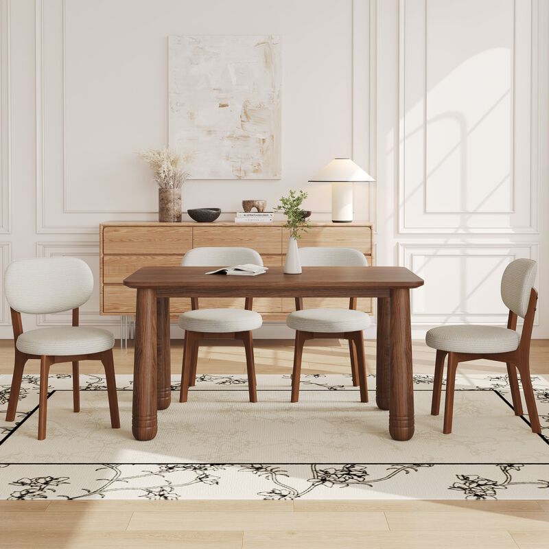 63" Solid Wood Dining Table Set with 6 Upholstered Chairs, rectangular dining room table set with sturdy wood frame, modern farmhouse dining furniture set image number 6