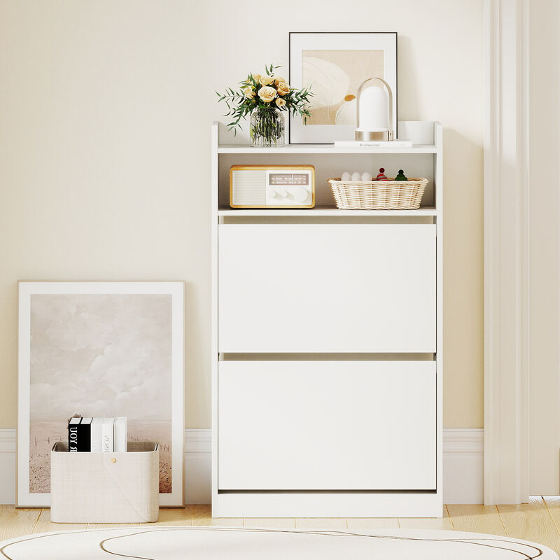 Hidden Shoe Rack Cabinet with 2 Flip Drawers and Customizable Shelving-White image number 1