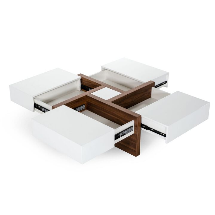 Cid 39 Inch Modern Wood Coffee Table, Puzzle Top Storage, White, Walnut-Benzara