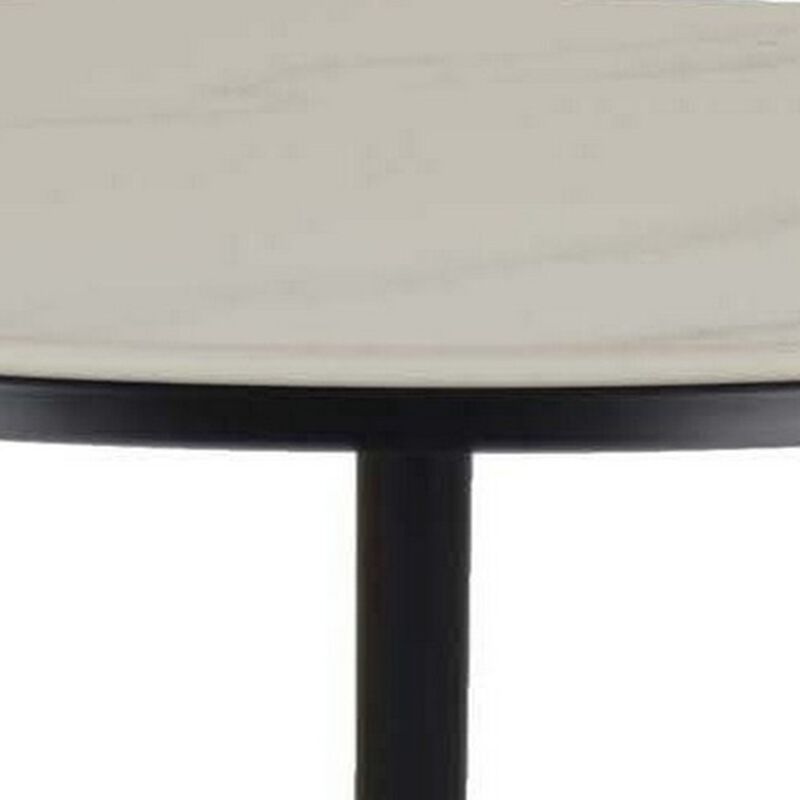Tavi 24 Inch Plant Stand Side Table, Round White Marble Top, Black Metal - Benzara