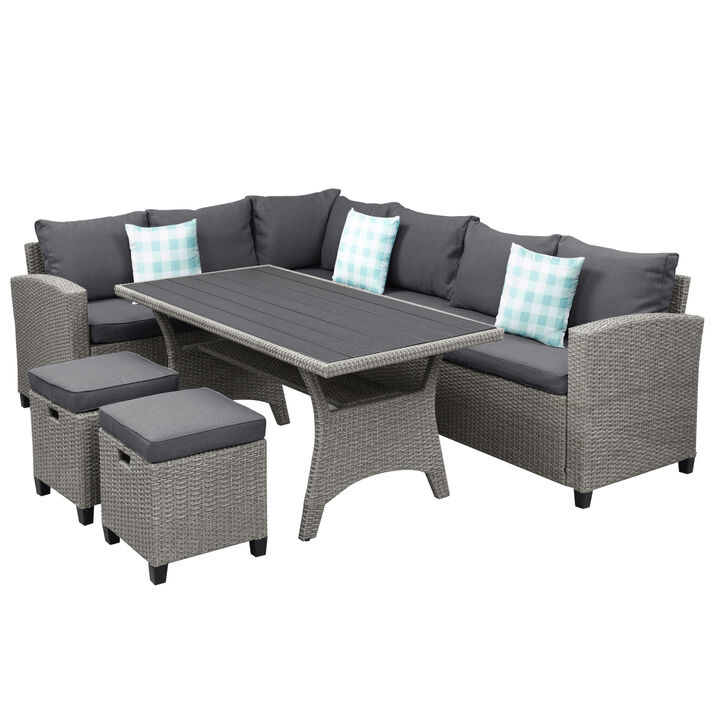 Patio Furniture Set, 5 Piece Outdoor Conversation Set, Dining Table Chair with Ottoman and Throw Pillows