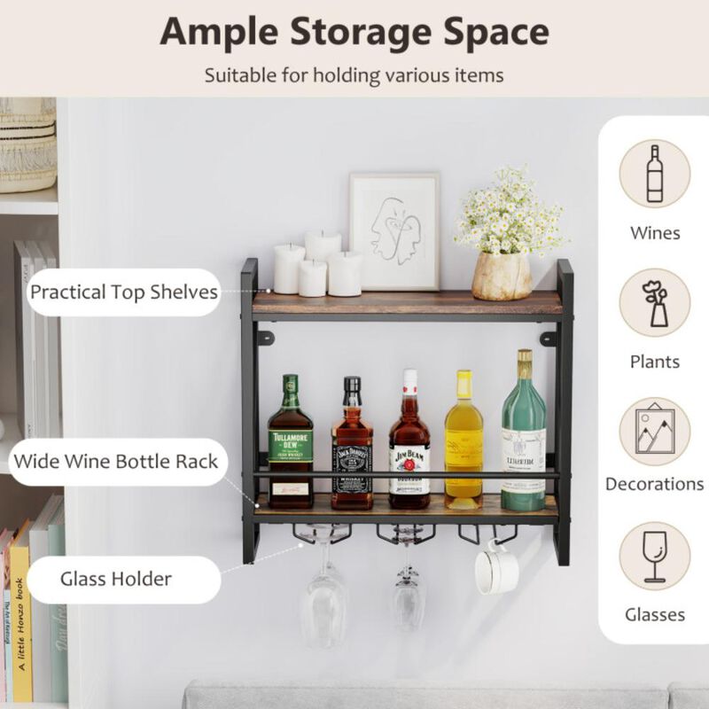 Hivvago Wall Mounted Wine Rack with 2-Tier Shelves and 3 Glass Holders