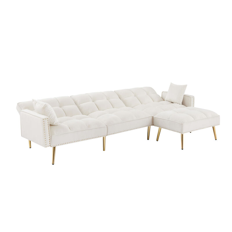 cream white Velvet Upholstered Reversible Sectional Sofa Bed, L-Shaped Couch with Movable Ottoman For Living Room.