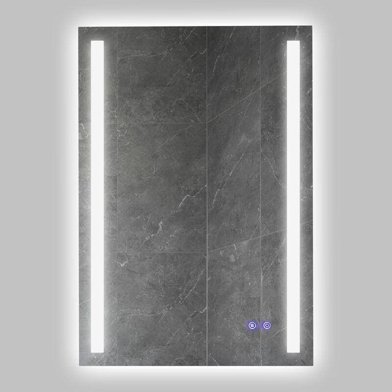 24 x 36 Inch Frameless LED Illuminated Bathroom Mirror, Touch Button Defogger, Metal, Vertical Stripes Design, Silver-Benzara image number 1