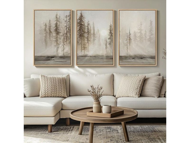 Framed Neutral Wall Art Set of 3 Large Abstract Forest Canvas Prints Decor image number 1