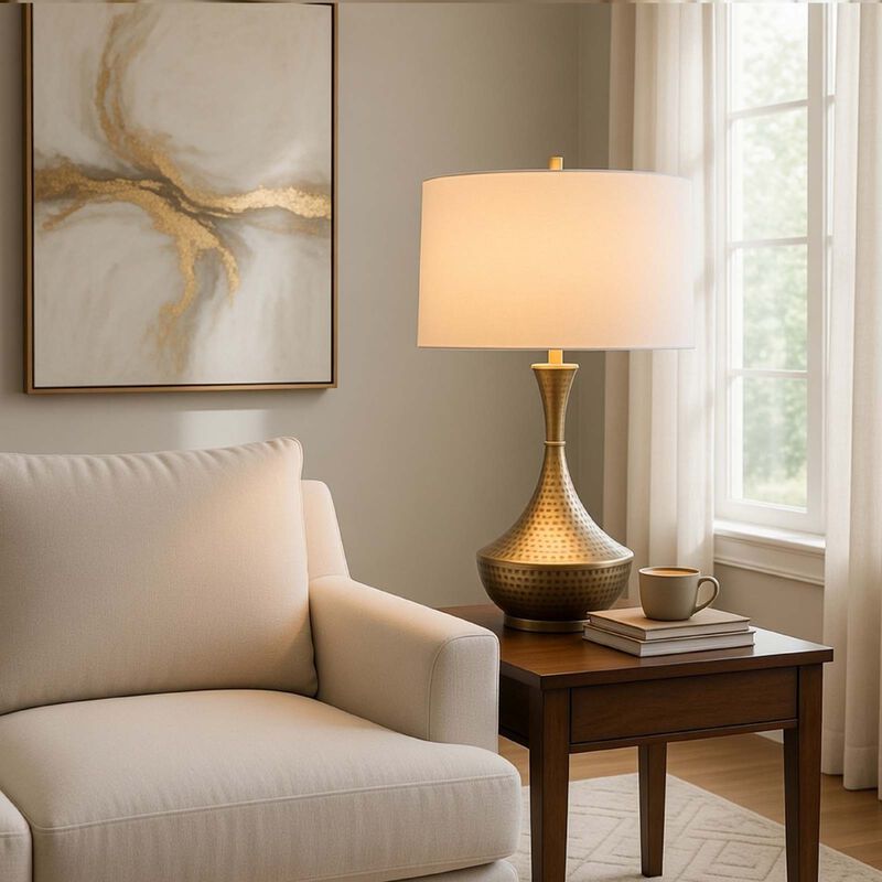 Table Lamp, White Linen Shade, Hammered Antique Brass Retro Hourglass Shape image number 1
