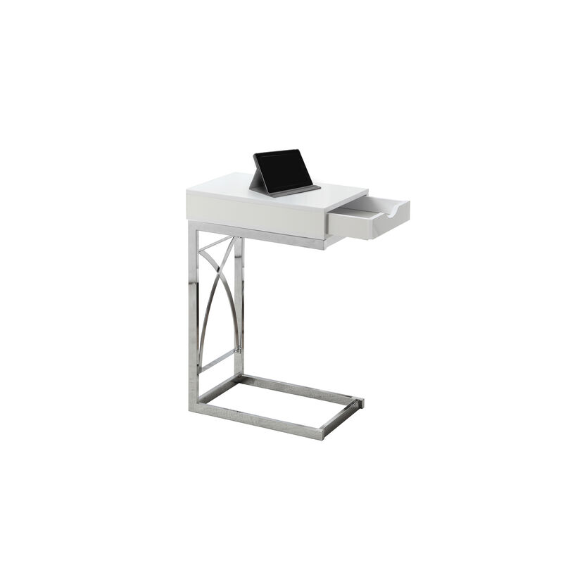 Monarch Specialties I 3170 Accent Table, C-shaped, End, Side, Snack, Storage Drawer, Living Room, Bedroom, Metal, Laminate, Glossy White, Chrome, Contemporary, Modern image number 1