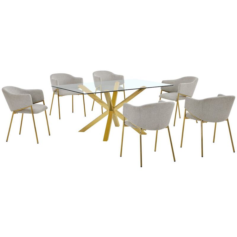 Best Quality Furniture 7Pc Rectangle Tempered Glass Dining Table With 6 Gray Side Chairs