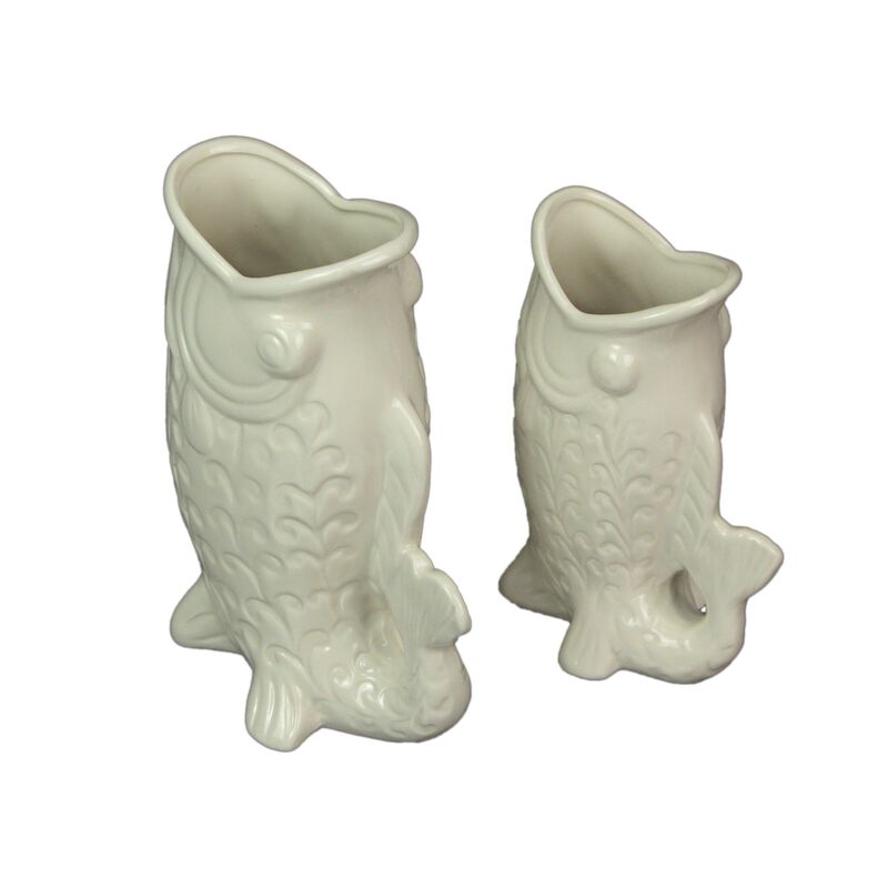 White Fish Decorative Vases Set Of 2 Ceramic Coastal Tabletop 85in And 7in image number 3