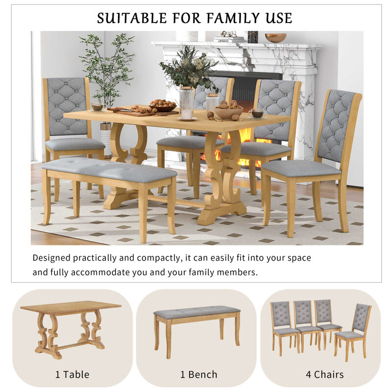 6-Piece Retro Dining Set with Unique-designed Table Legs and Foam-covered Seat Backs&Cushions for Dining Room (Natural Wood Wash)