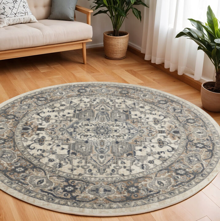 HomeRoots Round Medallion Power Loom Distressed Area Rug