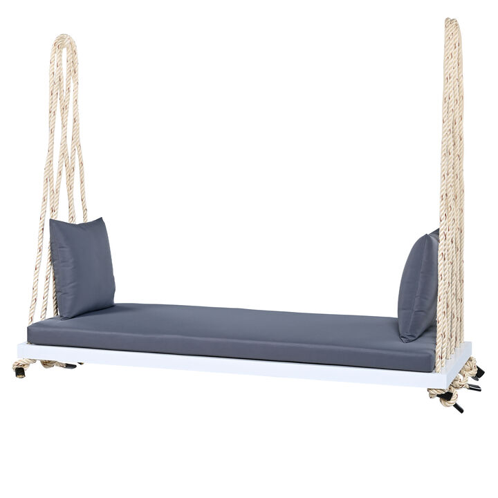 Whisen Hanging Porch Swing Bench with Cushion, Acacia Wood Swing Chair, 10.8Ft Hemp Ropes