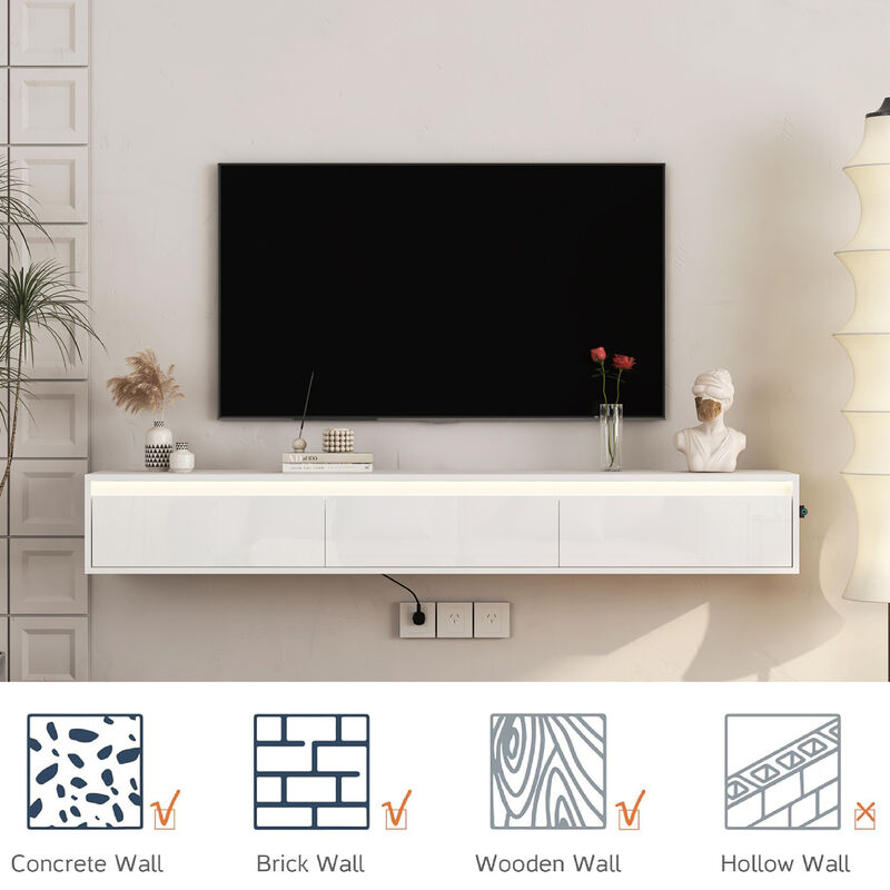 GOODSILO Floating TV Stand with LED Lights and Power Outlet, High Gloss Wall Mounted Storage Cabinet for Living Room Entertainment image number 6