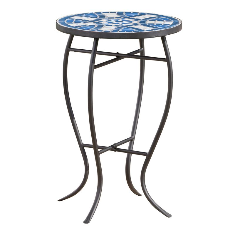 Outdoor Side End Table, 14 Inch Round Blue, White Mosaic Ceramic Top - Benzara image number 0