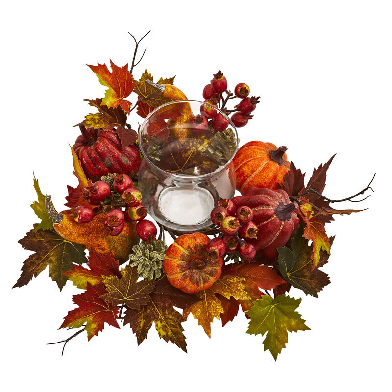 Nearly Natural 16-in Pumpkin, Gourd, Berry and Maple Leaf Artificial Arrangement Candelabrum